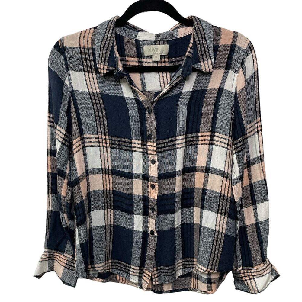 Olive & Oak Plaid Long Sleeve Flannel Button Down Shirt Top Navy Pink Medium